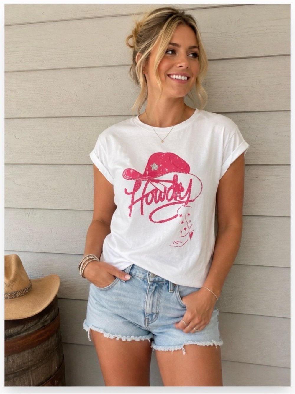 White Short Sleeve Tee with Pink 'Howdy' Graphic